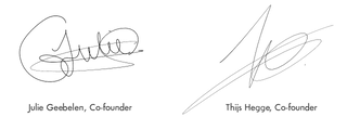 Two signatures with the names Julie Geebelen and Thijs Hegge, co-founders, on a white background.